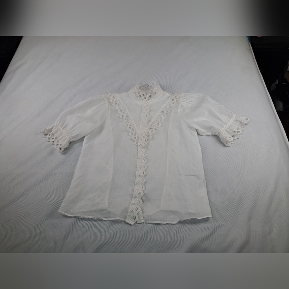 Frame Women's Embroidered High-Neck Short Sleeve Blouse Top Size S - Picture 10 of 13